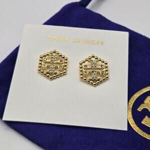 NEW Tory Burch Hex Pave Logo Stud Earrings Crystal Gold Gift Classic Everyday